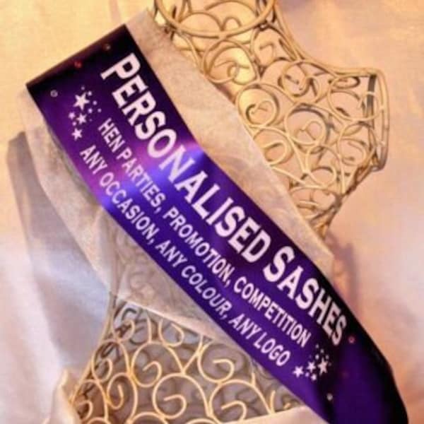 PLUS SIZE SASH | Adult Personalised Satin Ribbon Sash | Birthday Party, Hen Do, Prom, Dance, Carnival, Pageant, Competition Award, Gems