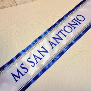 personalised printed satin ribbon sash with diamante effect trim, pageant, prom, competition, promotion, hen party, birthday, fancy dress, dance