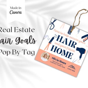 Kapsalon makelaar pop op tag, scrunchy mand tags sjabloon, vastgoedmarketing, makelaardij branding, doelen voor thuis, bedankje cadeaubon
