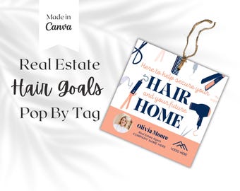 Kapsalon makelaar pop op tag, scrunchy mand tags sjabloon, vastgoedmarketing, makelaardij branding, doelen voor thuis, bedankje cadeaubon