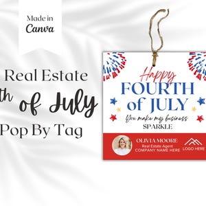 4 juli Pop By Tags, Independence Day, vastgoedmarketing, cadeaukaartjesjabloon, makelaarsbranding, afdrukbare canva, bedankkaart