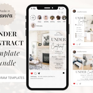 Könnte beinhalten: Sechs Instagram-Vorlagen für Immobilienmakler, um anzukündigen, dass eine Immobilie unter Vertrag steht. Die Vorlagen haben einen weißen Hintergrund mit schwarzem Text und ein Foto eines Hauses. Der Text enthält die Adresse, die Anzahl der Schlafzimmer und Badezimmer sowie Informationen zur Garage. Die Vorlagen enthalten auch einen Call-to-Action, um den Makler zu kontaktieren.