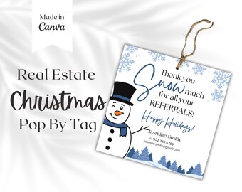 May include: A white Christmas-themed real estate pop-by tag with a snowman illustration and the text "Thank you snow much for all your referrals! Happy Holidays!"  Jasmine Smith +1 902 345 6789 jasminesmith@gmail.com