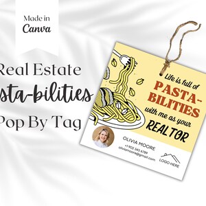 Pasta-bilities pop by tag, bewerkbare sjabloon voor cadeaukaartjes, makelaarsmarketing, vastgoedbranding klantwaardering, Canva Instant Download