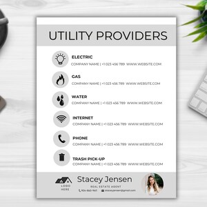 May include: A white flyer titled "UTILITY PROVIDERS" lists electric, gas, water, internet, phone, and trash pick-up services. Each service has a corresponding icon and contact information. The flyer includes a real estate agent's contact details.