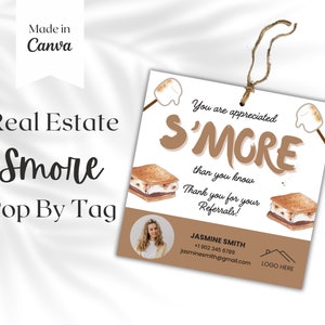 Smores-tag, klantgeschenken, vastgoedsjabloon, makelaarsmarketing, afdrukbare cadeaukaartjes, waardering van de klant, marshmallow
