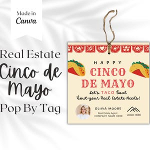 Cinco de Mayo Pop op tags, afdrukbare tagsjabloon voor makelaarsbranding, bedanktag, vastgoedmarketing