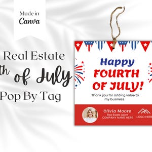 4 juli Pop By Tags, Independence Day, vastgoedmarketing, cadeaukaartjesjabloon, makelaarsbranding, afdrukbare canva, bedankkaart