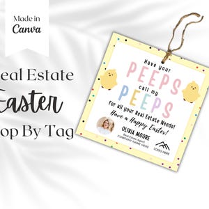 Paaspop in makelaardij op tags, Happy Easter Bunny-tags afdrukbaar, sjabloon cadeaukaartje, bedankkaart, waardering klant,