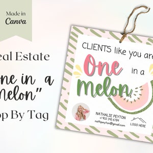 May include: A pink and green watermelon graphic with the text "Clients like you are one in a melon". The graphic is on a white tag with a green and white striped border. The tag is hanging from a brown string. The text "Nathalie Peyton" and contact information is below the graphic. The text "Logo Here" is in the bottom right corner.