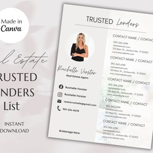 Real Estate Trusted Lenders List , Lender Recommendation List, Digital Lenders List Template, Realtor, Canva , Real Estate Marketing