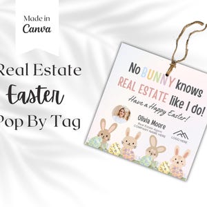 Paaspop in makelaardij op tags, Happy Easter Bunny-tags afdrukbaar, sjabloon cadeaukaartje, bedankkaart, waardering klant,