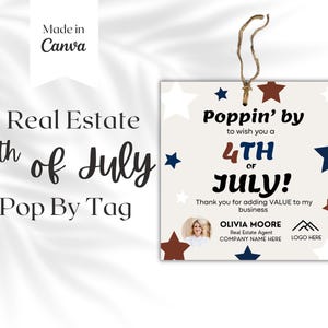 4 juli Pop By Tags, Independence Day, vastgoedmarketing, cadeaukaartjesjabloon, makelaarsbranding, afdrukbare canva, bedankkaart