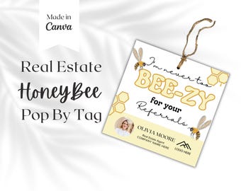 May include: A yellow and white real estate business card with a bee illustration and the text "I'm never too BEE-ZY for your Referrals". The card also includes the name "OLIVIA MOORE", the title "Real Estate Agent", and the text "COMPANY NAME HERE" and "LOGO HERE".
