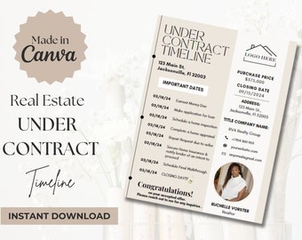 May include: A beige and brown real estate under contract timeline template with important dates, purchase price, closing date, address, title company name, and contact information. The template includes a photo of a realtor.