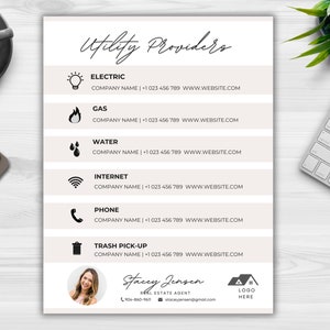 Op de afbeelding: Een afdrukbare checklist voor nutsbedrijven met pictogrammen voor elektriciteit, gas, water, internet, telefoon en vuilnisophaling. De checklist bevat ruimte voor de bedrijfsnaam, het telefoonnummer en het websiteadres. Het document bevat ook een contactkaart voor een makelaar.