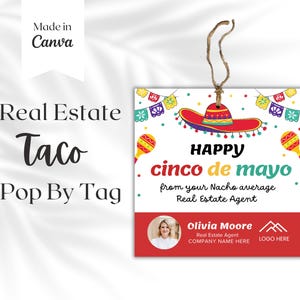 Cinco de Mayo Pop op tags, afdrukbare tagsjabloon voor makelaarsbranding, bedanktag, vastgoedmarketing
