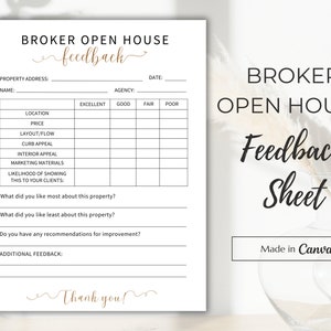 May include: A black and white feedback sheet for a real estate open house. The sheet includes sections for property address, name, agency, date, location, price, layout/flow, curb appeal, interior appeal, marketing materials, likelihood of showing this to your clients, what you liked most about this property, what you liked least about this property, do you have any recommendations for improvement, and additional feedback. The sheet also includes a section for rating each category on a scale of excellent, good, fair, and poor.