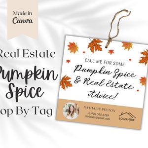 Pumpkin Spice en vastgoedadvies herfstthema Pop op tag Thanksgiving klantcadeau Marketing makelaar, vastgoedbranding Canva-sjabloon