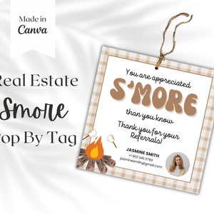 Smores-tag, klantgeschenken, vastgoedsjabloon, makelaarsmarketing, afdrukbare cadeaukaartjes, waardering van de klant, marshmallow