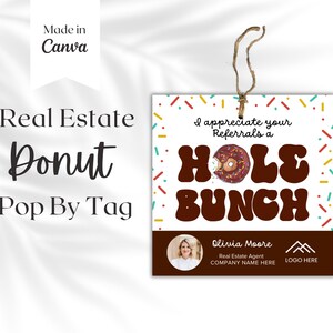 Donut makelaar pop-by-tagsjabloon, bedanktags, bewerkbare cadeaukaartsjabloon, direct downloaden, waardering van de klant, makelaarsmarketing