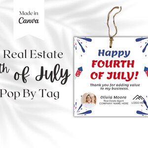 4 juli Pop By Tags, Independence Day, vastgoedmarketing, cadeaukaartjesjabloon, makelaarsbranding, afdrukbare canva, bedankkaart