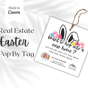 Étiquettes pop pour agent immobilier, modèle d'étiquette imprimable lapin de Pâques houblonné, carte-cadeau de printemps, étiquette de panier de Pâques, marketing immobilier