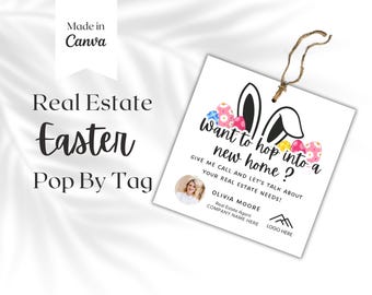 Realtor Easter Pop by Tags , Hoppy Easter Bunny Printable Tag Template , Spring  Gift Card , Easter Basket Tag , Real Estate Marketing
