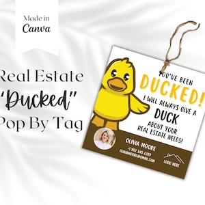 You've been DUCKED pop-by-tagsjabloon, cadeaulabelsjabloon, klantwaardering, makelaarsmarketing, vastgoedbranding