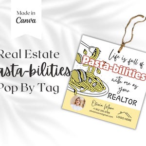 Pasta-bilities pop by tag, bewerkbare sjabloon voor cadeaukaartjes, makelaarsmarketing, vastgoedbranding klantwaardering, Canva Instant Download