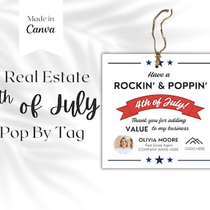 4 juli Pop By Tags, Independence Day, vastgoedmarketing, cadeaukaartjesjabloon, makelaarsbranding, afdrukbare canva, bedankkaart