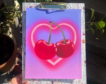 Pink Neon Heart and Cherries Matte Print