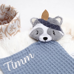 Cuddly blanket raccoon with name boy personalized medium blue cuddly blanket baby cloth birth sniffer cloth gift burp cloth