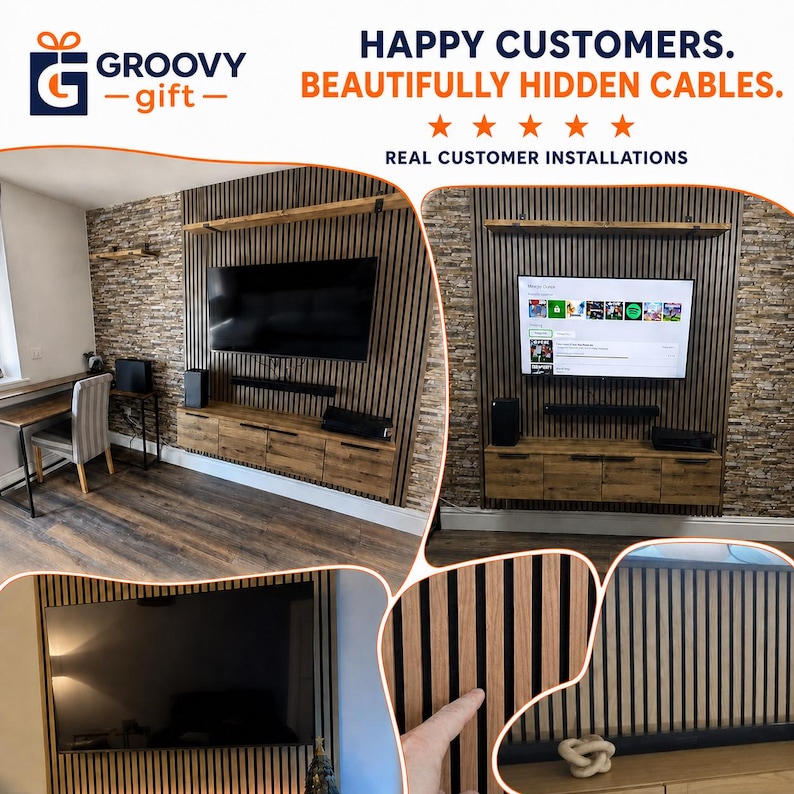 May include: A wall-mounted media console and television setup featuring vertical wood slat paneling against a stone-textured wall. The display includes text reading HAPPY CUSTOMERS. BEAUTIFULLY HIDDEN CABLES. REAL CUSTOMER INSTALLATIONS.