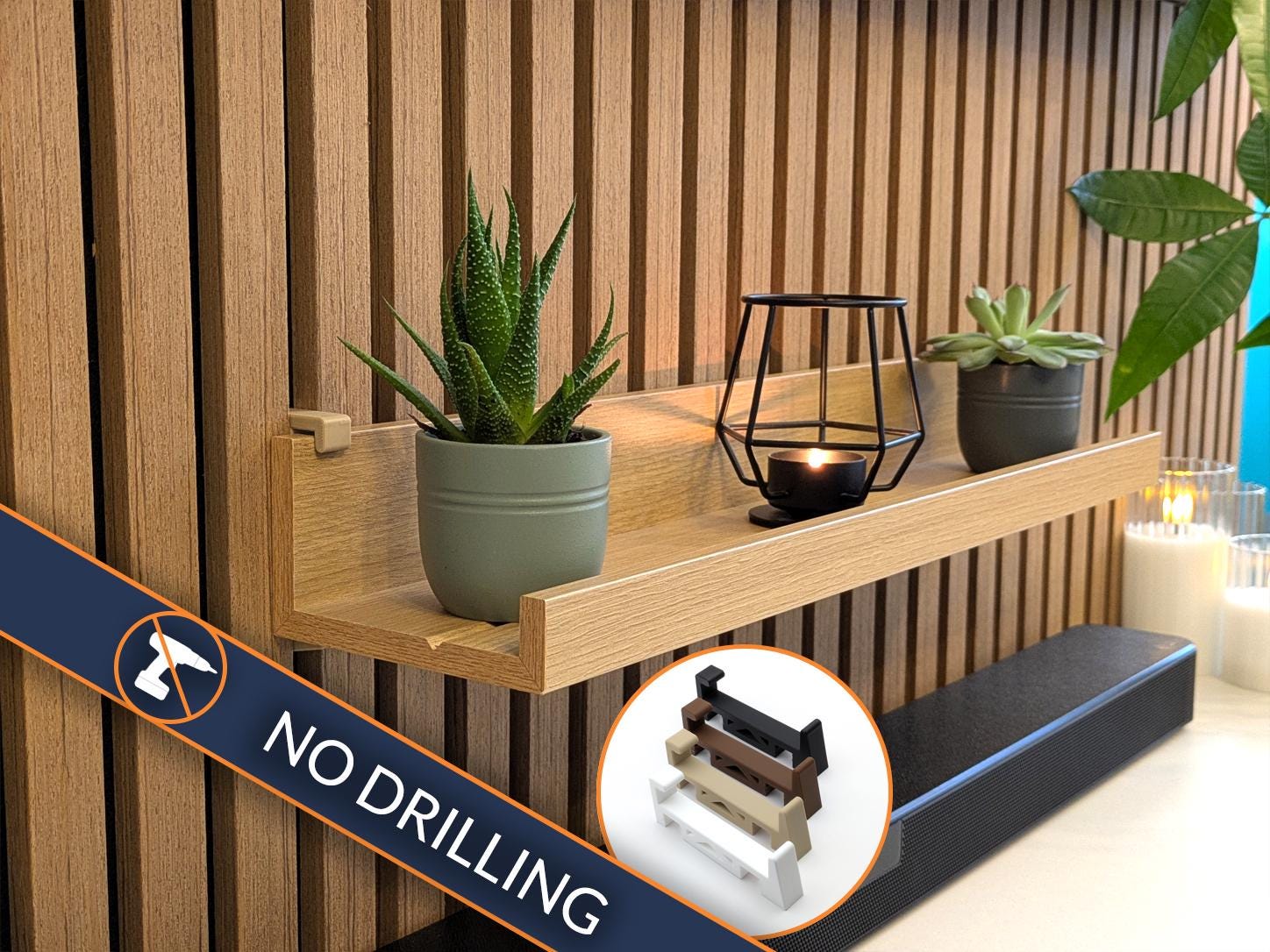 IKEA MOSSLANDA Picture Ledge Brackets for Acoustic panel - Wall Clip (no drilling) - IKEA shelf hack