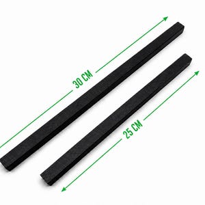 May include: Two black rectangular bars with a textured finish. One bar measures 30 cm in length, and the other bar measures 25 cm in length. The bars are positioned diagonally against a white background with green dimension lines and text.