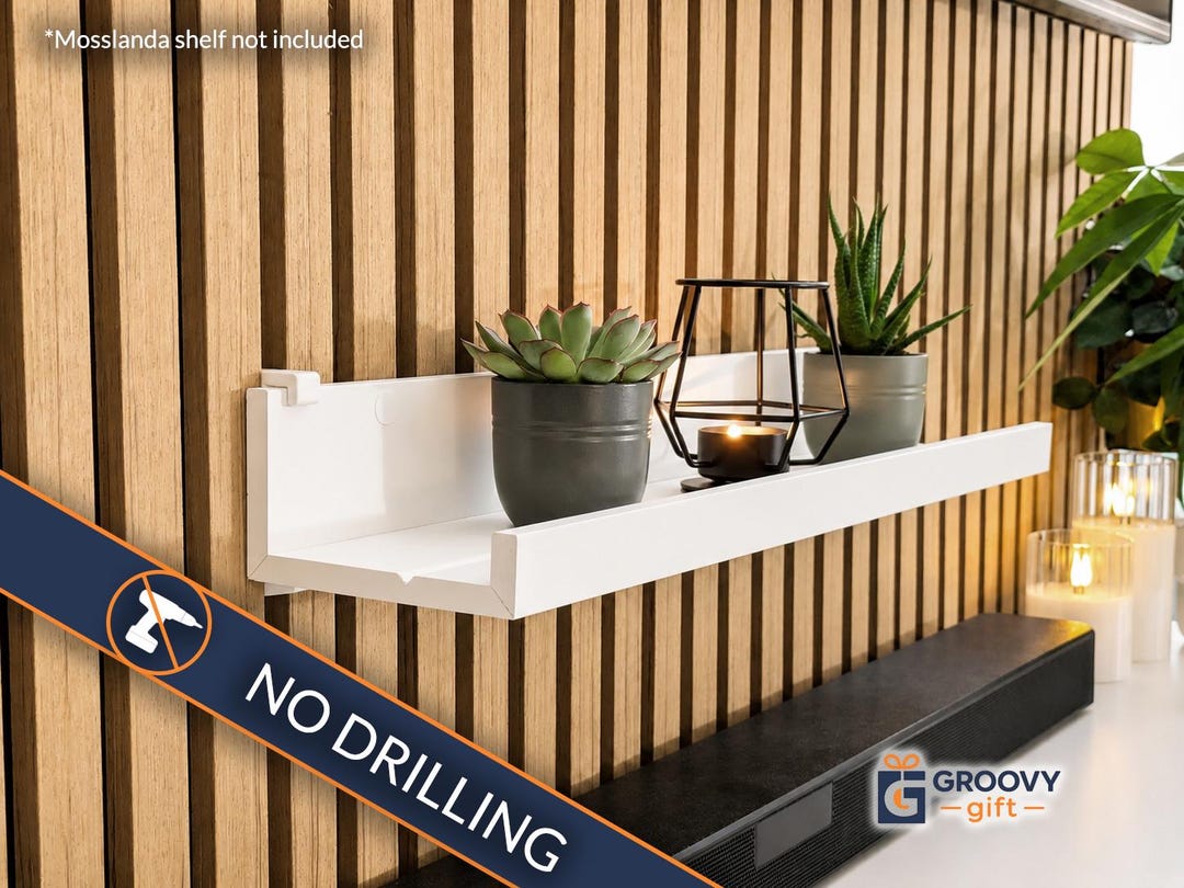 No Drill Shelf Brackets for IKEA MOSSLANDA on Acoustic Slat Walls