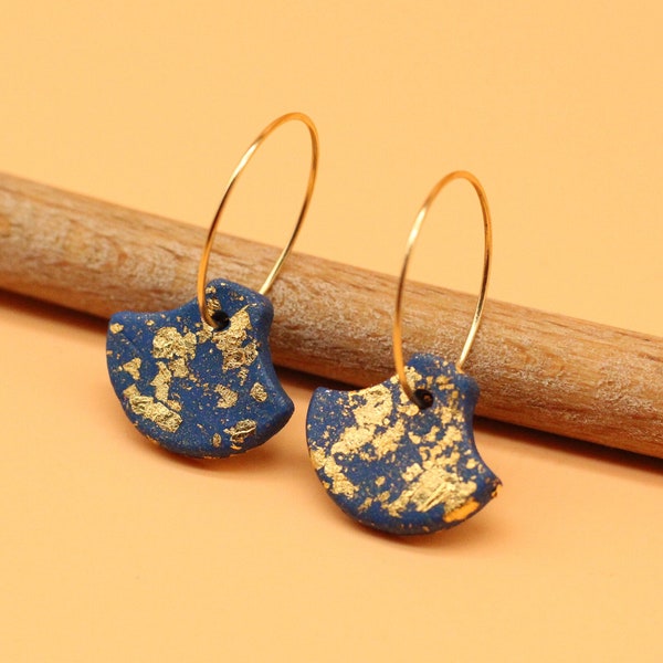 Blue and Gold handmade polymer clay earrings | Inca golden small hoop earrings | Gold leaf dark blue earrings | Modern elegant earrings gift