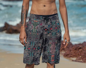 Pantalones cortos Antaryami Board Shorts – Edición limitada para festivales con bolsillo con cremallera / Ropa urbana playera Psywear / Ropa para festivales para hombre