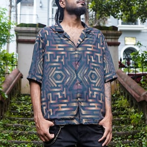 Sand Pattern, Geometric Pattern shirt, Psychedelic shirt, Boho shirt, Festival Shirt Men&#39;s, Beach Shirt, Party Wear, Printed Button-up Shirt