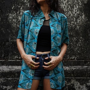 Wanderer Women&#39;s Geometric Pattern Shirt Dress Womens Blue Printed Button Up Shirt for Women Short Sleeve Oversized Shirt Dress Cotton Rayon