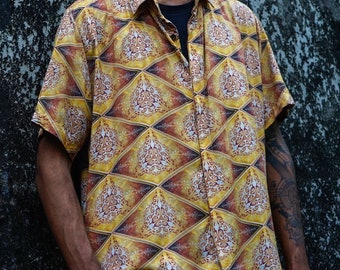 Viking Shirt Men's Celtic Boho Shirt Mens Buttonup Cotton Shirt Men Summer Beachwear Shirt Men's Printed Tropical Shirt Yellow Pattern Shirt