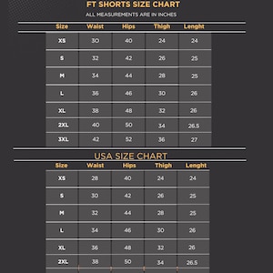 May include: A black and gray size chart for FT Shorts and USA sizing, featuring columns for size, waist, hips, thigh, and length in inches. The table lists sizes from XS to 3XL with corresponding numerical measurements for each category in a grid format.
