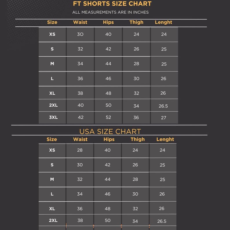 May include: A black and gray size chart for FT Shorts and USA sizing, featuring columns for size, waist, hips, thigh, and length in inches. The table lists sizes from XS to 3XL with corresponding numerical measurements for each category in a grid format.