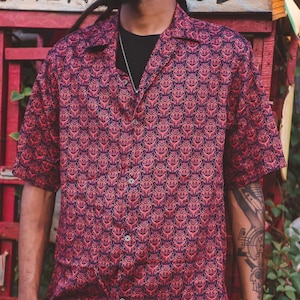 SkullStrike(RED) Mens button up Shirt ,men’s casual shirt, all over print shirt , mens rave shirt  festival wear custom printed button-up