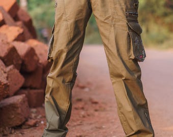 Future tribe (Antaryami print) Cargo pants Khaki color, festival shorts, goa pants, psytrance, Psychedelic Burning Man Pants