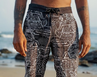 Szorty kąpielowe męskie Boho Festival z nadrukiem Codex Art – ściągacz w pasie, szybkoschnące, kieszenie – letni strój plażowy z nadrukiem psychodelicznym, szorty surferskie