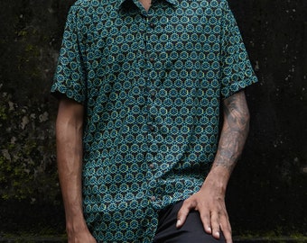 Wild Hexagons, Geometric Pattern Shirt, Printed Button Up Shirt, Psychedelic Shirt, Men's Short Sleeve Shirt, Casual Shirt, Mens Party Shirt