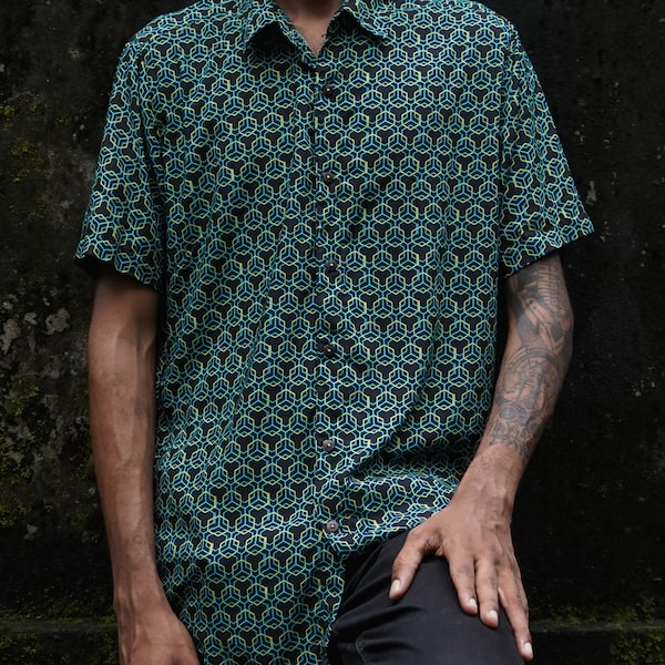 Wild Hexagons, Geometric Pattern Shirt, Printed Button Up Shirt, Psychedelic Shirt, Men's Short Sleeve Shirt, Casual Shirt, Mens Party Shirt