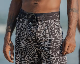 Biogenesis Art print-Trippy Men's Board Shorts – Festival Clothing, Psy Wear, Rave Shorts with Pockets – Burning Man Outfit, Surfer shorts